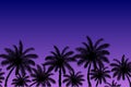 Vector image of silhouettes of palm trees on a background of blue-purple sky at sunset. Summer beach illustration. Royalty Free Stock Photo