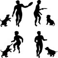 Vector image of silhouettes of playing puppies with his master. Preparing a dog for a contest or performance for a title. Dog Royalty Free Stock Photo