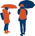 Vector image of silhouettes students standing under umbrellas