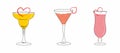 Vector image of silhouettes of three cocktails in glasses of different shapes with a romantic heart