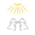 Vector image silhouettes of two cute rabbits under bright sun isolated on white background Royalty Free Stock Photo