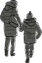 Vector drawing of silhouettes mother with her kid walking along street