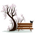 Vector image of a single richly flowering tree in the spring. Ecological Stop for a passer-by with a bench Stylization. EPS 10 Royalty Free Stock Photo
