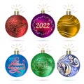 Vector image of six colorful balls with greeting New Year and Christmas inscriptions in Russian and English