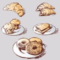 Vector image of sketches various pastry for breakfast