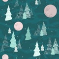 Vector image of sketchy Christmas trees drawn with strokes and lines next to a huge full moon and snowflakes on a