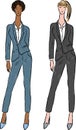 Vector drawing of young slim women in trouser business suits in business costumes