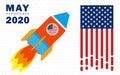 Vector image of a spaceship flight with astronauts on the background of the American flag, the concept of launching tourists to Royalty Free Stock Photo