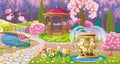 Spring garden with gazebo, pond and fountain with horse figurines Royalty Free Stock Photo