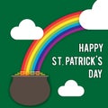 Vector image for St. Patrick`s Day. Rainbow, a pot of coins, clouds, an inscription congratulation on the holiday. Style