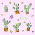 Vector image of stickers of cactus in pots.