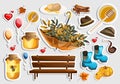 Vector image of stickers with items symbolizing autumn and food related to the autumn season. Cartoon style. EPS 10