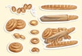 Vector image of stickers of white bread and other flour products. Cartoon style. Isolated on a white background. EPS 10