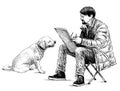 Freehand drawing of street artist sketching big dog Royalty Free Stock Photo