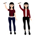 Vector image stylish woman singer with microphone sings in fashionable clothes