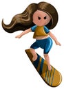 Vector image of a stylized image of a girl on a surfboard. Cartoon style. Isolated over white background. EPS 10