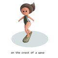 Vector image of a stylized image of a girl on a surfboard. Cartoon style. Isolated over white background. EPS 10