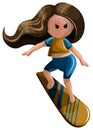 image of a stylized image of a girl on a surfboard. Cartoon style. Isolated over white background.