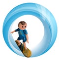 Vector image of a stylized image of a young man on a surfboard. Cartoon style. Isolated over white background. EPS 10