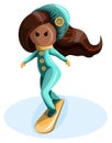 Vector image of a stylized image of a young sports girl on a snowboard. Cartoon style. Isolated over white background. EPS 10