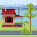 Vector image of a summer cartoon landscape with a wooden house, tree, river, sky. A house under a tiled roof, with a porch and a