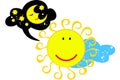 Vector image of the sun that thinks about the moon Royalty Free Stock Photo