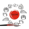 Sushi set vector image. Japanese delicious food.