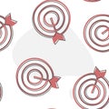 Vector image of a target pierced by an arrow, a dart cartoon style on seamless pattern on a white background Royalty Free Stock Photo