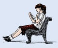 Vector image of teen girl reading book on park bench