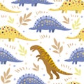 Vector image of three types of dinosaurs on a white background surrounded by circles and twigs. Seamless background for