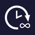 Vector image of time, hours and infinity. Vector white icon on d Royalty Free Stock Photo