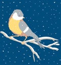 Vector illustration of titmouse sitting on tree branch on snowy winter day