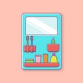 Vector image of a toiletry rack with a mirror complete with toothbrush, shampoo, soap, and others. Editable as needed.