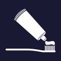 Vector image of toothbrush and open toothpaste. Vector white icon on dark blue background.