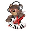 Vector image of a toy bear with musical instruments in headphones foor sound recording.