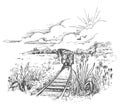 Vector image of a train departing on rails into the distance in a field.