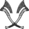 Vector image of two fighting axes of Vikings. Triskele. Illustration of Scandinavian myths. Odin sign. Runes: victory