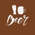 Vector image of two mugs of beer. Drinks with a lot of foam. Lettering Royalty Free Stock Photo