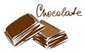 Vector image of two pieces of chocolate. Chocolate slices lie on each other. Quick sketch of sweets. Illustration with