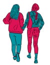 Vector image of two students girls walking outdoor together