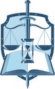 Vector image, vintage emblem, sign on the topic of jurisprudence, attributes of justice, law.