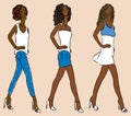 Vector image of walking young women in denim summer clothing