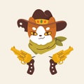 Vector image of a wanted bandit cat with revolvers. Children's colorful illustration on the theme of the Wild West Royalty Free Stock Photo