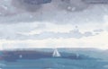 Vector image of watercolor seascape of lonely sailing ship in stormy sea