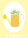 Vector image of a watering can with bouquet of flowers and decorations. Hand-drawn Easter illustration for spring happy holidays, Royalty Free Stock Photo