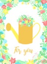 Vector image of a watering can with bouquet of flowers in the wreath. Hand-drawn Easter illustration for spring happy holidays, su Royalty Free Stock Photo