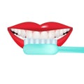 Vector image on a white background. How to brush your teeth rightly with a toothbrush. Healthy, white teeth. Open mouth