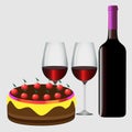 Vector image of wine glasses, a bottle of red wine and a cake with cherries Royalty Free Stock Photo