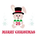 Winter cartoon cute bunny in hat with christmas calenda sitting and text