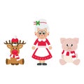Winter cartoon pig with scarf sitting and ÃÂhristmas deer and cartoon mrs santa Royalty Free Stock Photo
